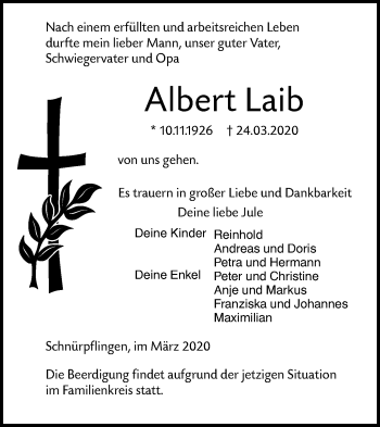 Traueranzeige von Albert Laib von SÜDWEST PRESSE Ausgabe Ulm/Neu-Ulm