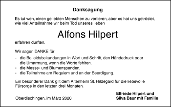 Traueranzeige von Alfons Hilpert von Ehinger Tagblatt