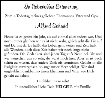 Traueranzeige von Alfred Schmid von NWZ Neue Württembergische Zeitung