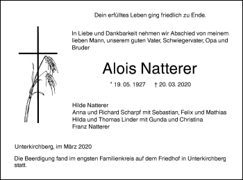 Traueranzeige von Alois Natterer von SÜDWEST PRESSE Ausgabe Ulm/Neu-Ulm