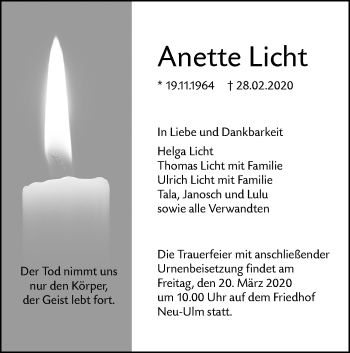 Traueranzeige von Anette Licht von SÜDWEST PRESSE Ausgabe Ulm/Neu-Ulm