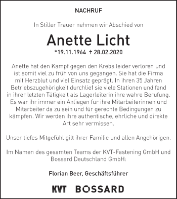 Traueranzeige von Anette Licht von SÜDWEST PRESSE Ausgabe Ulm/Neu-Ulm