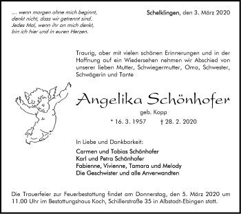 Traueranzeige von Angelika Schönhofer von Ehinger Tagblatt