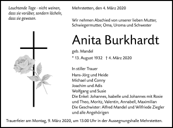 Traueranzeige von Anita Burkhardt von Alb-Bote/Metzinger-Uracher Volksblatt