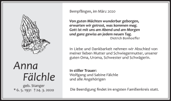 Traueranzeige von Anna Fälchle von Metzinger-Uracher Volksblatt