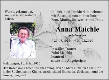 Traueranzeige von Anna Maichle von Hohenzollerische Zeitung