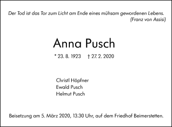 Traueranzeige von Anna Pusch von SÜDWEST PRESSE Ausgabe Ulm/Neu-Ulm