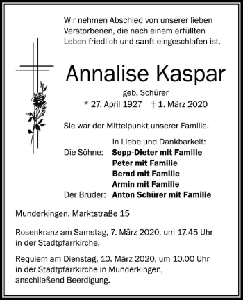 Traueranzeige von Annalise Kaspar von Ehinger Tagblatt