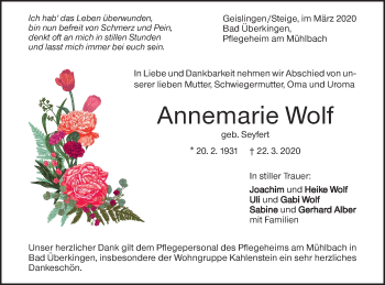 Traueranzeige von Annemarie Wolf von Geislinger Zeitung