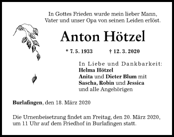 Traueranzeige von Anton Hötzel von SÜDWEST PRESSE Ausgabe Ulm/Neu-Ulm