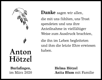 Traueranzeige von Anton Hötzel von SÜDWEST PRESSE Ausgabe Ulm/Neu-Ulm