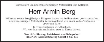 Traueranzeige von Armin Berg von Haller Tagblatt