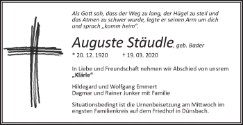 Traueranzeige von Auguste Stäudle von Hohenloher Tagblatt