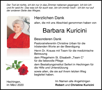 Traueranzeige von Barbara Kuricini von Hohenzollerische Zeitung