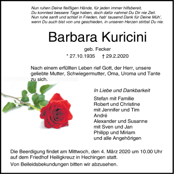 Traueranzeige von Barbara Kuricini von Hohenzollerische Zeitung