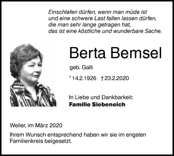 Traueranzeige von Berta Bemsel von SÜDWEST PRESSE Ausgabe Ulm/Neu-Ulm