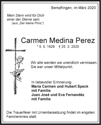 Traueranzeige von Carmen Medina Perez von Metzinger-Uracher Volksblatt