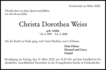 Traueranzeige von Christa Dorothea Weiss von Rundschau Gaildorf