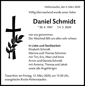 Traueranzeige von Daniel Schmidt von NWZ Neue Württembergische Zeitung