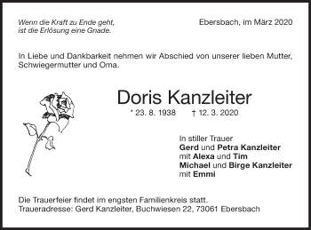 Traueranzeige von Doris Kanzleiter von NWZ Neue Württembergische Zeitung