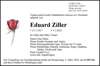 Traueranzeige von Eduard Ziller von SÜDWEST PRESSE Ausgabe Ulm/Neu-Ulm