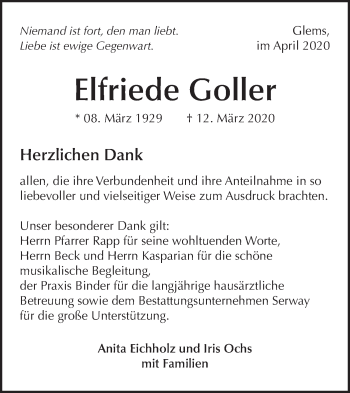 Traueranzeige von Elfriede Goller von Metzinger-Uracher Volksblatt