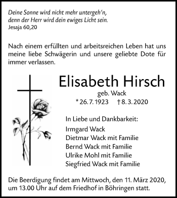 Traueranzeige von Elisabeth Hirsch von Alb-Bote/Metzinger-Uracher Volksblatt