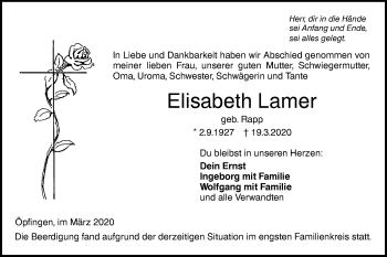 Traueranzeige von Elisabeth Lamer von Ehinger Tagblatt