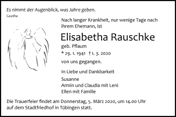 Traueranzeige von Elisabeths Rauschke von Metzinger-Uracher Volksblatt