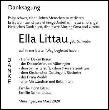 Traueranzeige von Ella Littau von Alb-Bote/Metzinger-Uracher Volksblatt