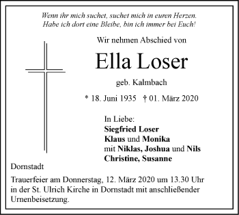 Traueranzeige von Ella Loser von SÜDWEST PRESSE Ausgabe Ulm/Neu-Ulm