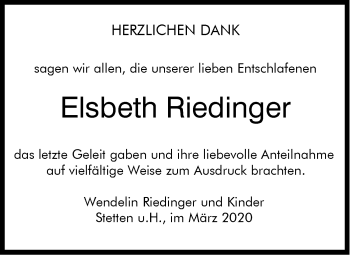 Traueranzeige von Elsbeth Riedinger von Hohenzollerische Zeitung