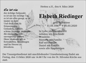 Traueranzeige von Elsbeth Riedinger von Hohenzollerische Zeitung