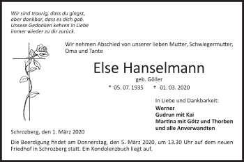 Traueranzeige von Else Hanselmann von Hohenloher Tagblatt