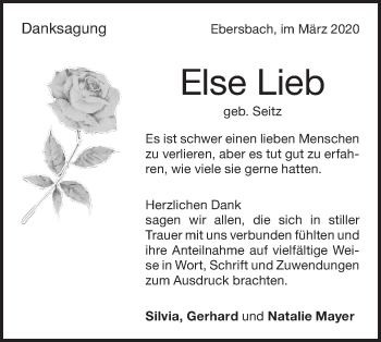 Traueranzeige von Else Lieb von NWZ Neue Württembergische Zeitung