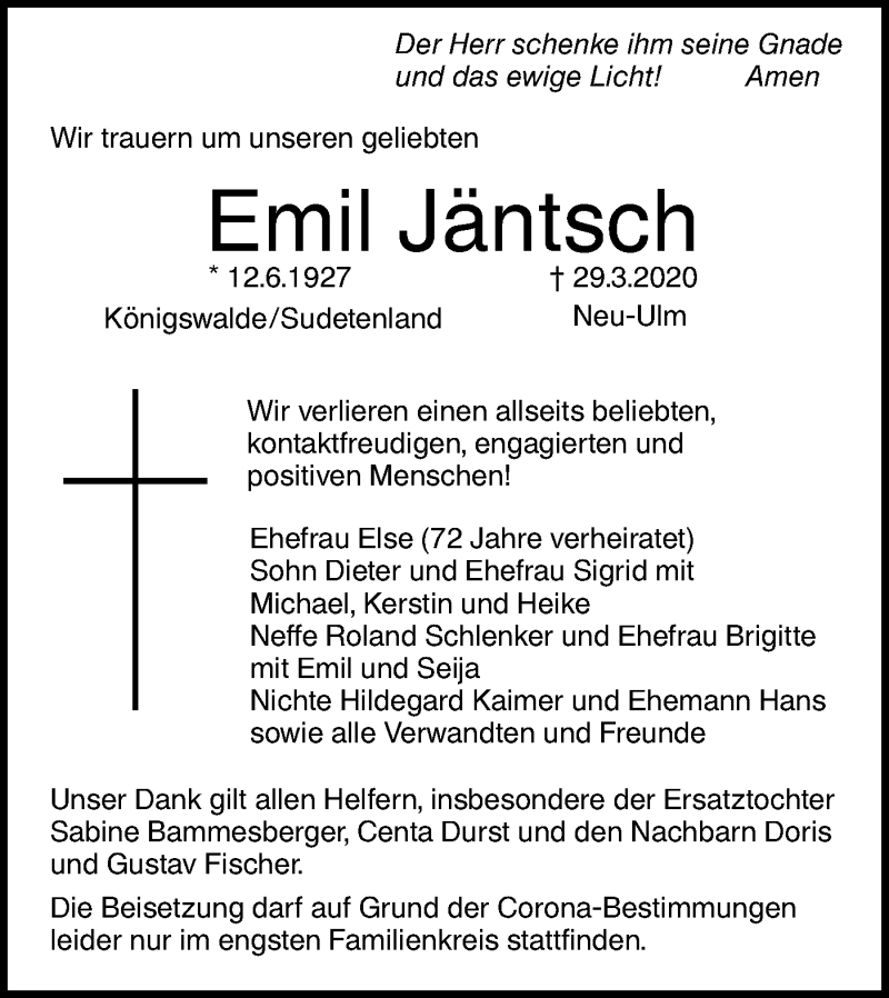  Traueranzeige für Emil Jäntsch vom 02.04.2020 aus SÜDWEST PRESSE