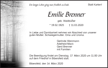 Traueranzeige von Emilie Brenner von Haller Tagblatt