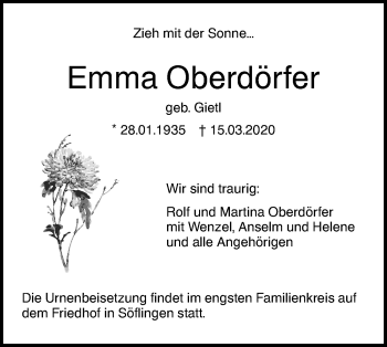 Traueranzeige von Emma Oberdörfer von SÜDWEST PRESSE Ausgabe Ulm/Neu-Ulm