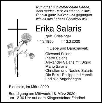 Traueranzeige von Erika Salaris von SÜDWEST PRESSE Ausgabe Ulm/Neu-Ulm