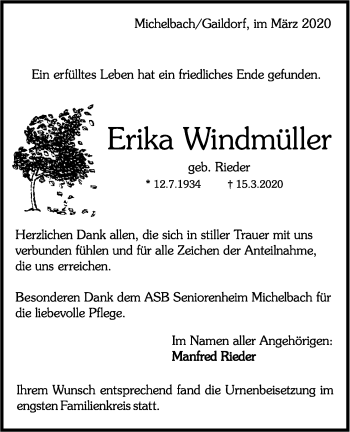 Traueranzeige von Erika Windmüller von Rundschau Gaildorf