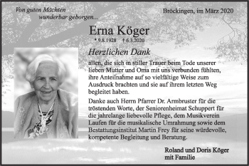 Traueranzeige von Erna Köger von Rundschau Gaildorf