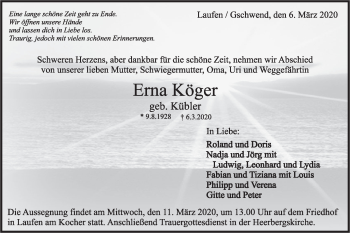 Traueranzeige von Erna Köger von Rundschau Gaildorf