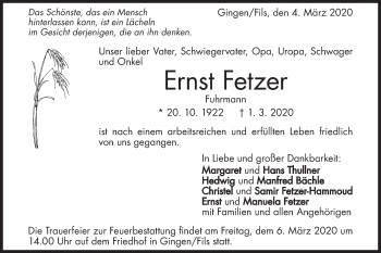 Traueranzeige von Ernst Fetzer von Geislinger Zeitung