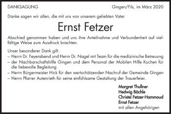 Traueranzeige von Ernst Fetzer von Geislinger Zeitung