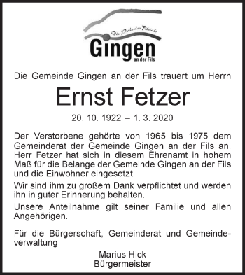 Traueranzeige von Ernst Fetzer von Geislinger Zeitung