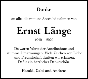 Traueranzeige von Ernst Länge von Alb-Bote/Metzinger-Uracher Volksblatt