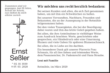 Traueranzeige von Ernst Seßler von Hohenloher Tagblatt