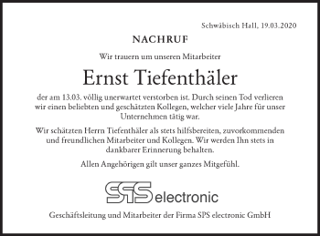 Traueranzeige von Ernst Tiefenthäler von Haller Tagblatt