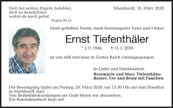 Traueranzeige von Ernst Tiefenthäler von Haller Tagblatt