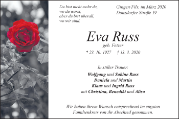 Traueranzeige von Eva Russ von Geislinger Zeitung